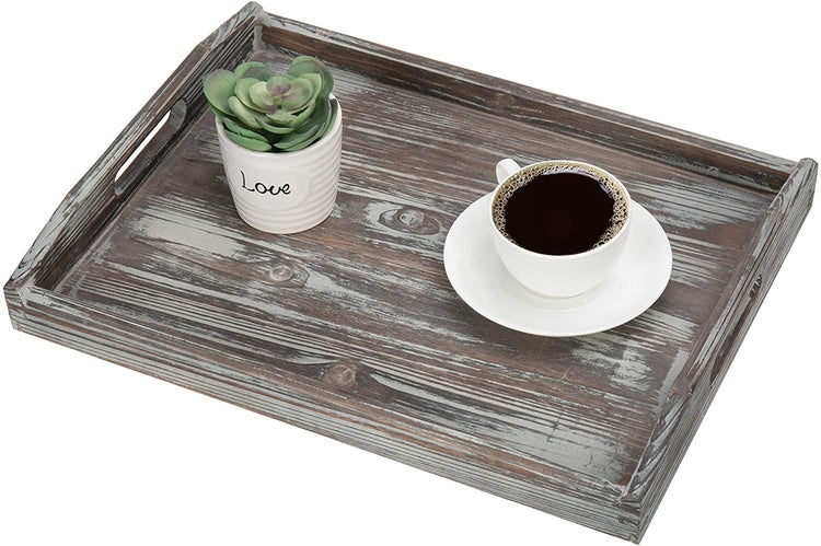 Rustic Torched Wood Breakfast Serving Tray w/ Cutout Handles-MyGift