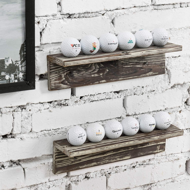 Set of 2, 12-inch Wall Mounted Rustic Torched Wood Golf Ball Display Rack-MyGift