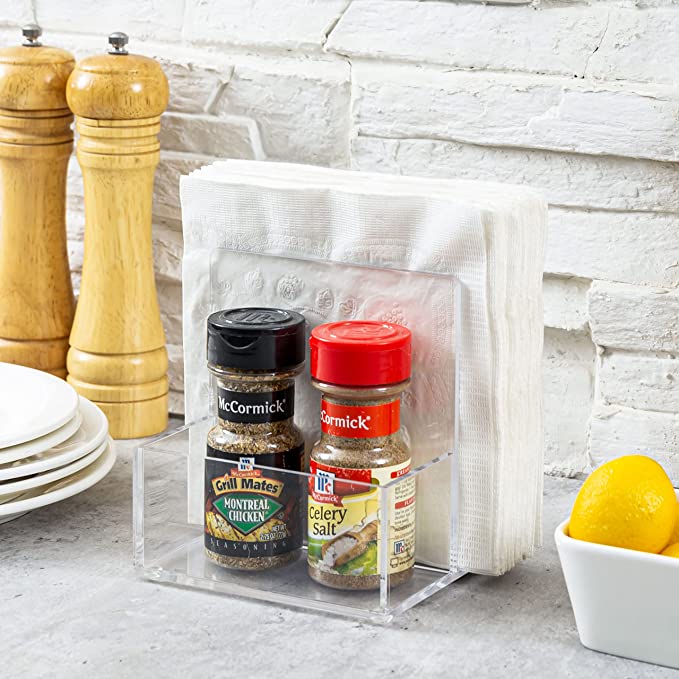 Tabletop Modern Clear Acrylic Kitchen Napkin Caddy with Salt and Pepper Shaker Holder-MyGift