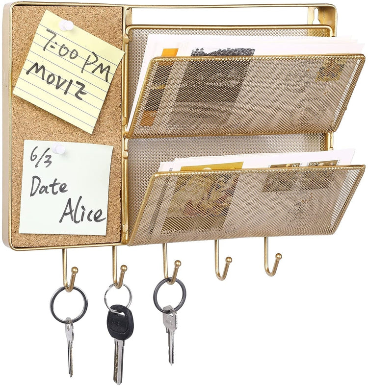 Gold Metal Mesh Entryway Wall Storage Organizer Rack with 2 Mail Sorters, 5 Key Hooks and Cork Board-MyGift