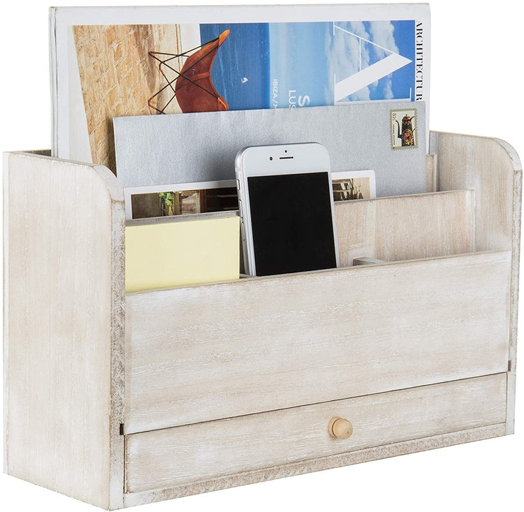 Whitewashed Wood Desktop Document & Supply Organizer with Pull Out Drawer-MyGift