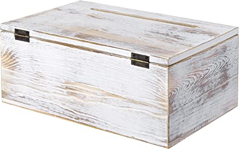 Shabby Whitewashed Wood Gift Card Box with Slotted Lid, Antique Hinge Latch & Cursive Cards Lettering-MyGift