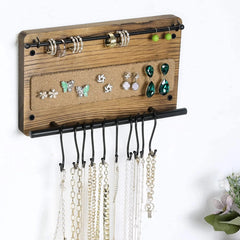 3-Tier Brass Metal and Burnt Wood Triangular Wall Mounted Jewelry Organizer  Rack and Necklace Hanger