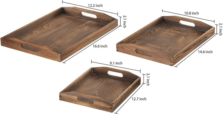 Set of 3 Nesting Brown Wood Serving Trays with Cutout Handles-MyGift