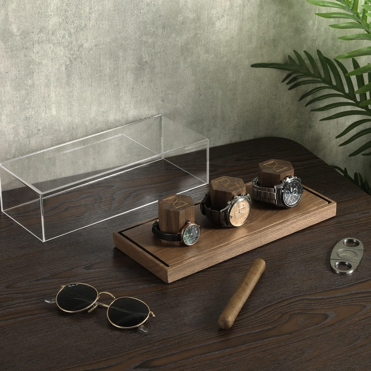 Wristwatch Display Case, Walnut Wood Tabletop Watch Storage with Wooden Pedestal Risers and Clear Acrylic Lid-MyGift