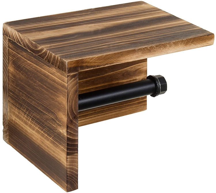 Dark Brown, Wall Mounted Wood and Pipe Toilet Paper Holder and Shelf-MyGift
