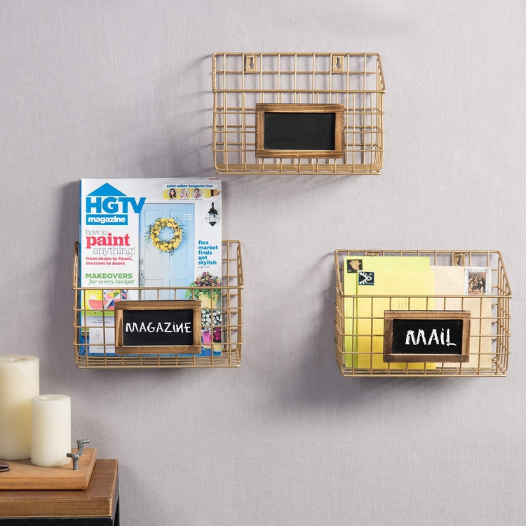 Set of 3 Contemporary Gold Metal Wire Wall Mounted Storage Baskets with Chalkboard Labels-MyGift