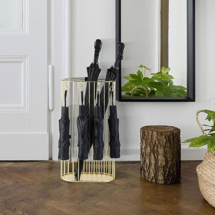 Brass Metal Freestanding Indoor Umbrella Stand with 4 S-Hooks for Compact Travel Umbrellas-MyGift