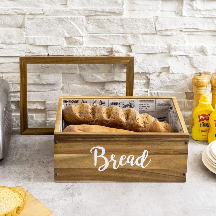 14 Inch Acacia Wood Bread Box with Clear Acrylic Window Top Lid and White Cursive "Bread" Label for Kitchen Counter-MyGift