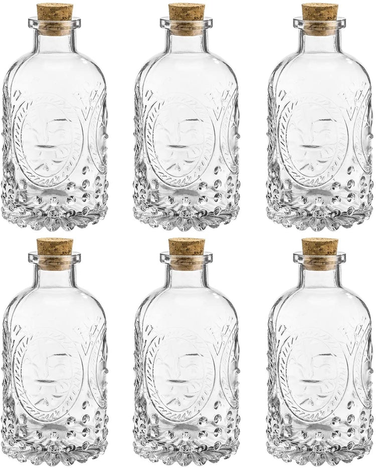 Set of 6, Vintage Embossed Fleur De Lis Glass Bottles with Cork Lid, Apothecary Clear Flower Vases-MyGift