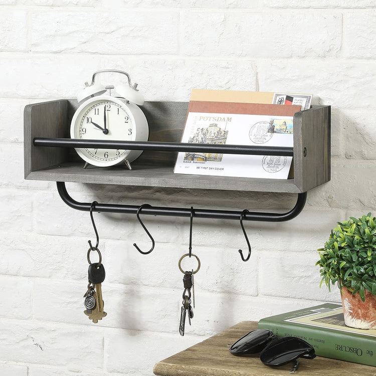 Gray Wood Wall Mounted Floating Display Shelf with Black Metal Hanger Holder Bar with 4 Utility Hooks-MyGift