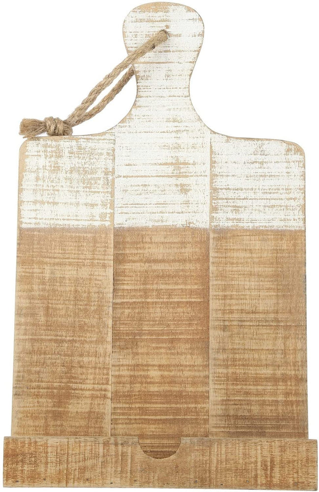 Cutting Board Shaped Cookbook Stand, Distressed Whitewashed Burnt Wood Recipe Book Holder, Countertop Tablet Easel Stand-MyGift
