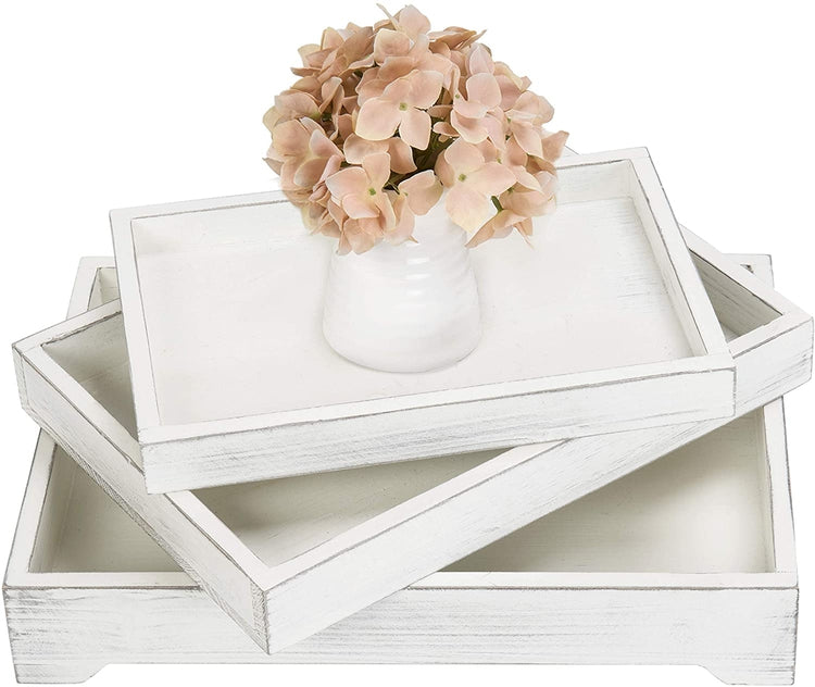 Set of 3, White Wood Nesting Serving Trays-MyGift