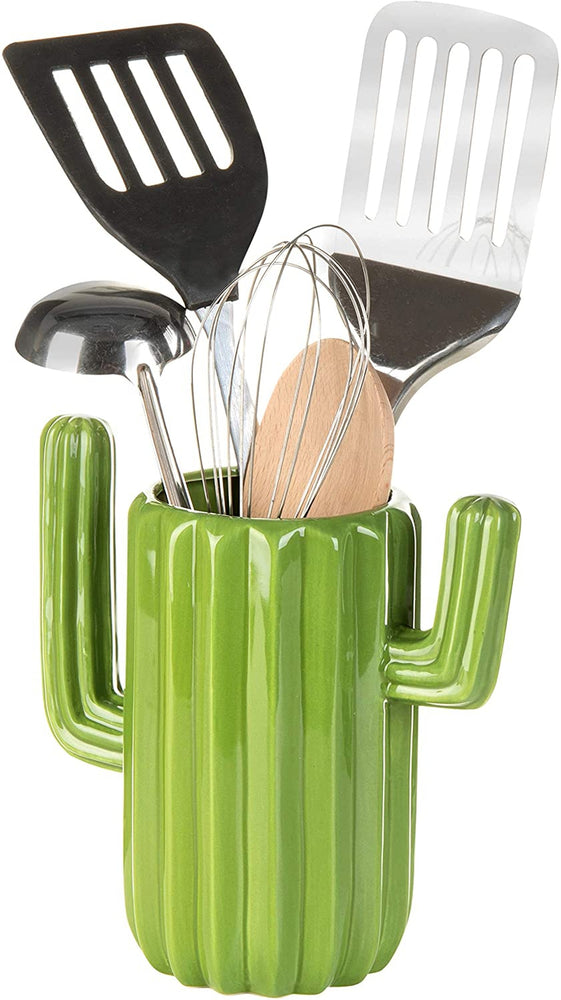 Green Ceramic Cactus-Shaped Utensil Holder-MyGift