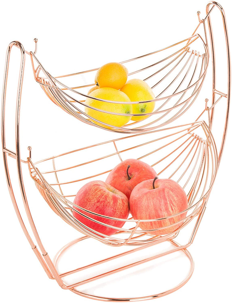 Rose Gold-Tone Metal 2-Tier Hammock-Style Produce Basket Rack-MyGift