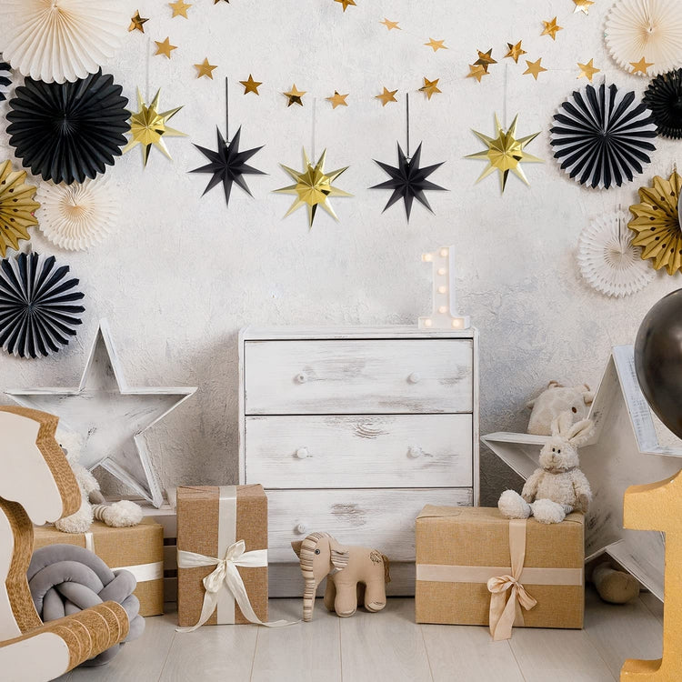 Set of 5, Hanging Glam Star Decoration Matte Black and Metallic Gold Party Holiday Décor-MyGift