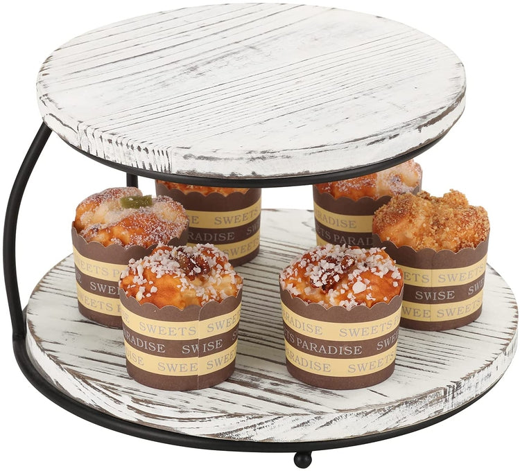 2-Tier Whitewashed Wood and Black Metal Frame Cupcake Stand, Dessert Server Platform Platters-MyGift
