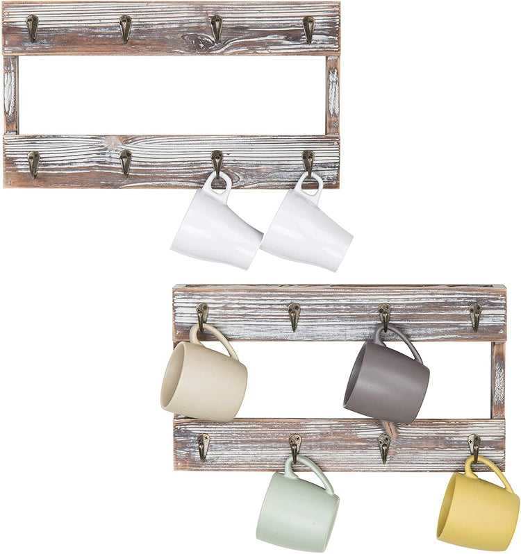 Set of 2 Wall Mounted Torched Wood Finish Coffee Mug Hanging Racks with 8 Hooks-MyGift
