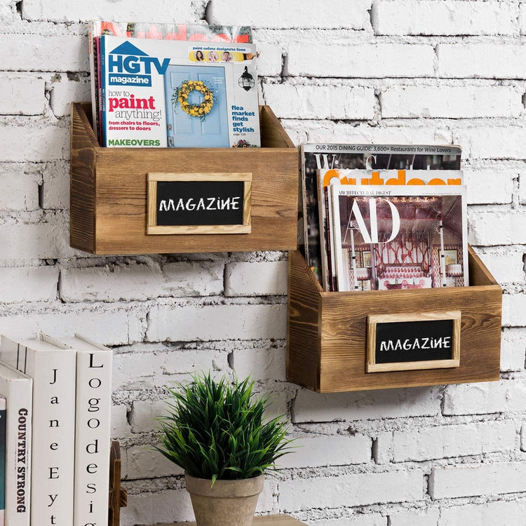 Set of 2 Rustic Brown Wood Mail Sorter Holders Wall Mounted with Chalkboard Labels-MyGift