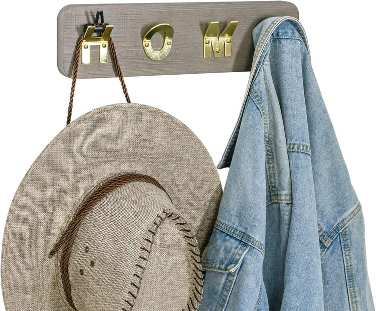 Gray Wood and Brass Tone Metal Wall Mounted Entryway Coat Hanger Garment Holder with HOME Letter Sign-MyGift