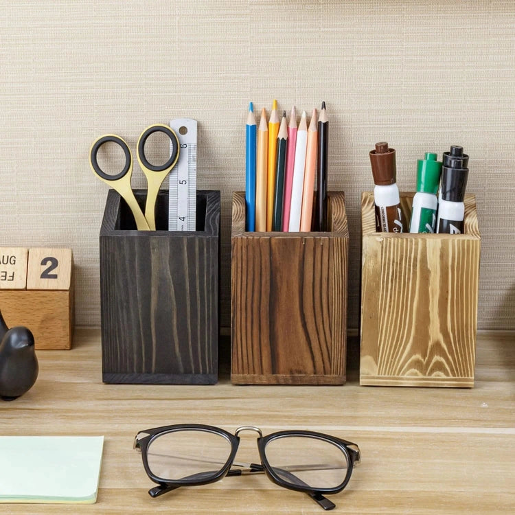 Set of 3, Desktop Pencil Cup Holder, Square Solid Wood Stationery Supply Pen Cup, Mixed Colors Light Brown, Brown, Black-MyGift
