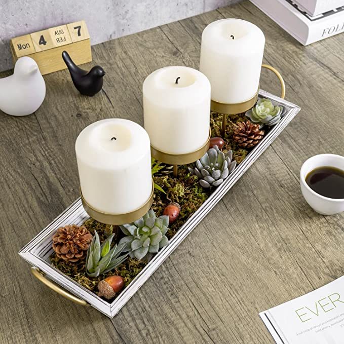 3-Pillar Candle Holder Centerpiece, Tabletop Candleholder with Artificial Succulent Plants-MyGift