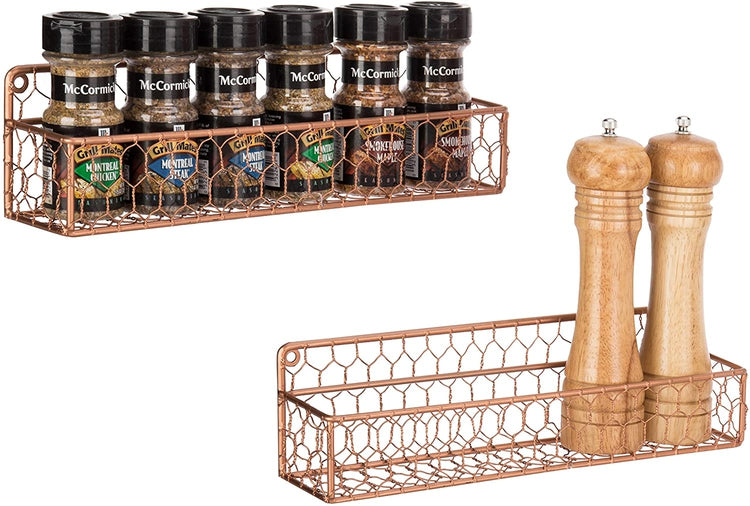 Set of 2 Wall-Mounted Copper-Tone Chicken Wire Spice Racks-MyGift