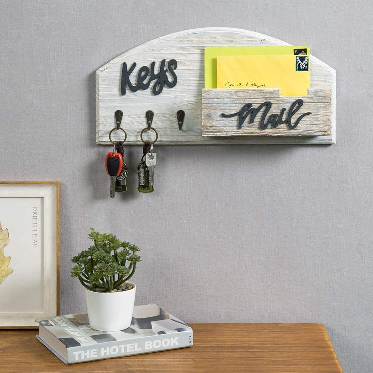 Whitewashed Wood Wall Mounted Entryway Key Holder, Mail Sorter Rack with 3 Hanging Hooks-MyGift