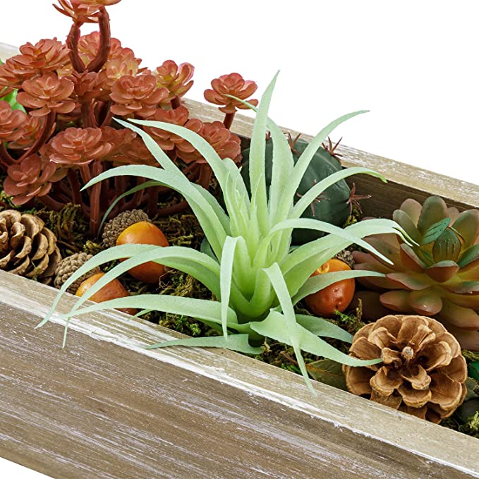 Artificial Succulent Plant in Whitewashed Wood Planter, Tabletop Window Box Planter with Vintage Brass Metal Corner Wraps and Handles-MyGift