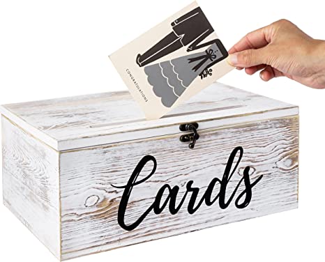 Shabby Whitewashed Wood Gift Card Box with Slotted Lid, Antique Hinge Latch & Cursive Cards Lettering-MyGift