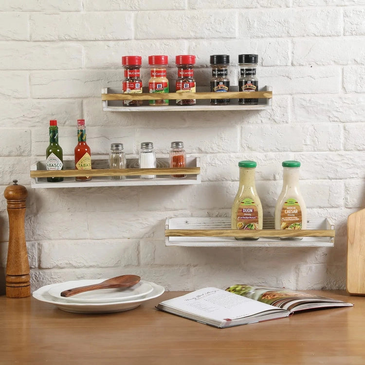 Set of 3, Whitewashed Wood Wall Mounted Spice Rack Shelves, Farmhouse Kitchen Condiment Bottle Hanging Organizer Shelf-MyGift