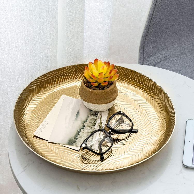 13 Inch Round Brass Metal Serving Tray, Decorative Centerpiece Platter Display-MyGift