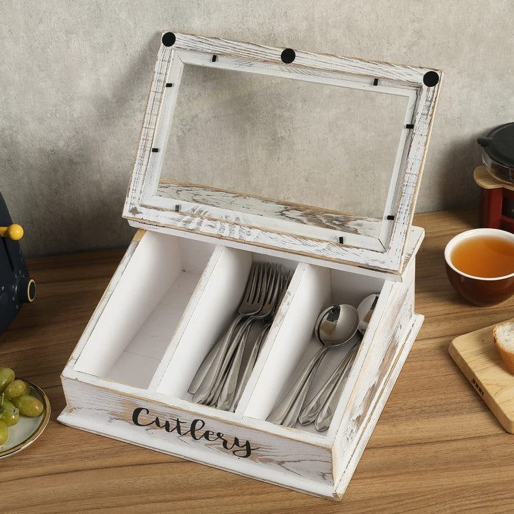 Whitewashed Wood Utensil Holder, Cutlery Organizing Box with Clear Acrylic Hinged Lid and Black Cursive CUTLERY Label-MyGift