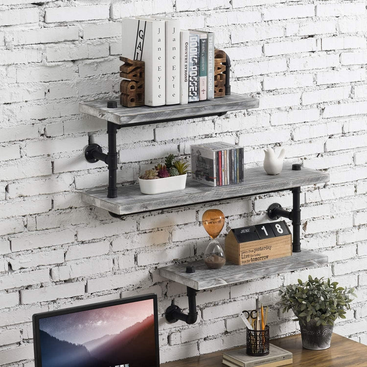 Black Metal Pipe and Gray Washed Wood, Wall Mounted 3-Tier Shelves-MyGift