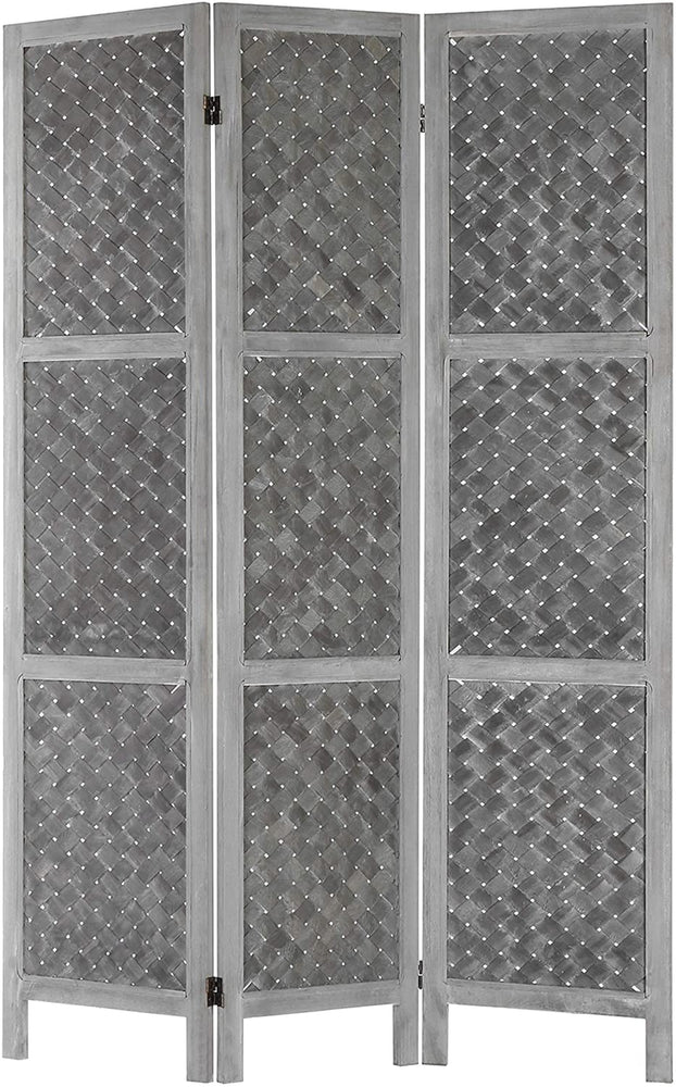 3-Panel Distressed Grey Woven Wood-Framed Dual-Hinged Room Divider-MyGift