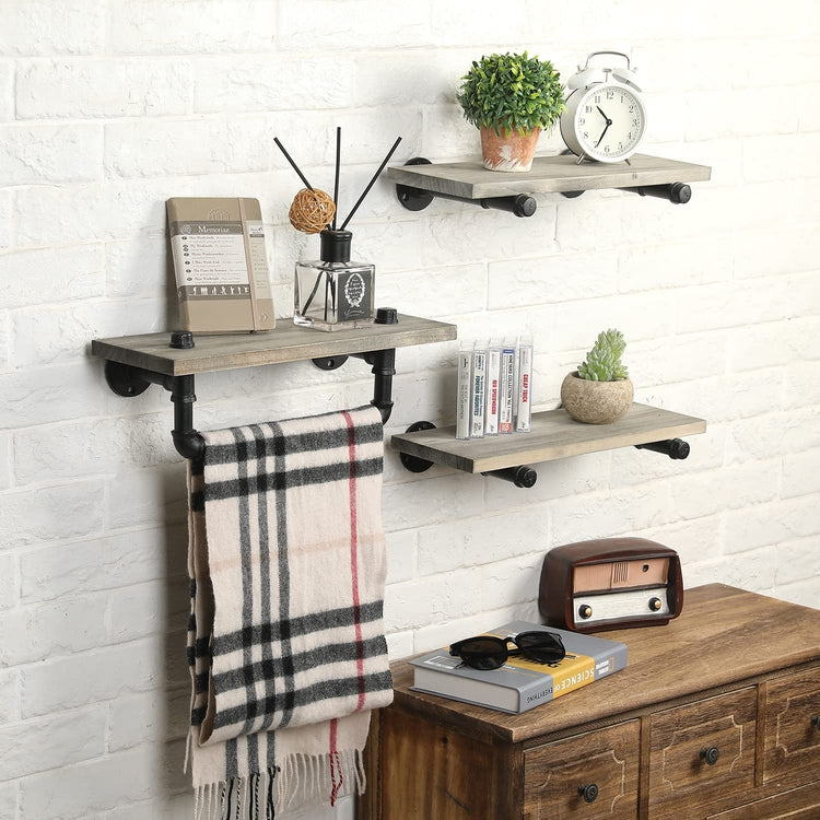 Weathered Gray Wood Wall Floating Shelves and Towel Rack with Industrial Metal Pipe Brackets-MyGift