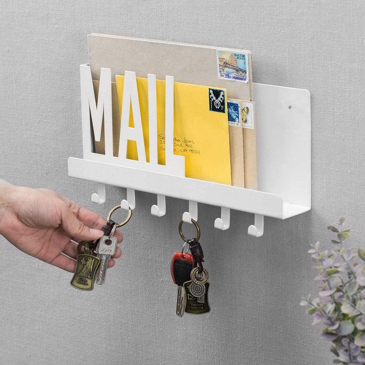 White Metal Entryway Mail Sorter Shelf & 6 Key Hooks-MyGift