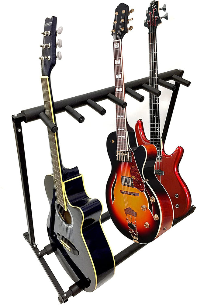 7 Guitar Black Metal Padded Folding Stand, Portable Electric & Acoustic Guitar Stage Rack-MyGift