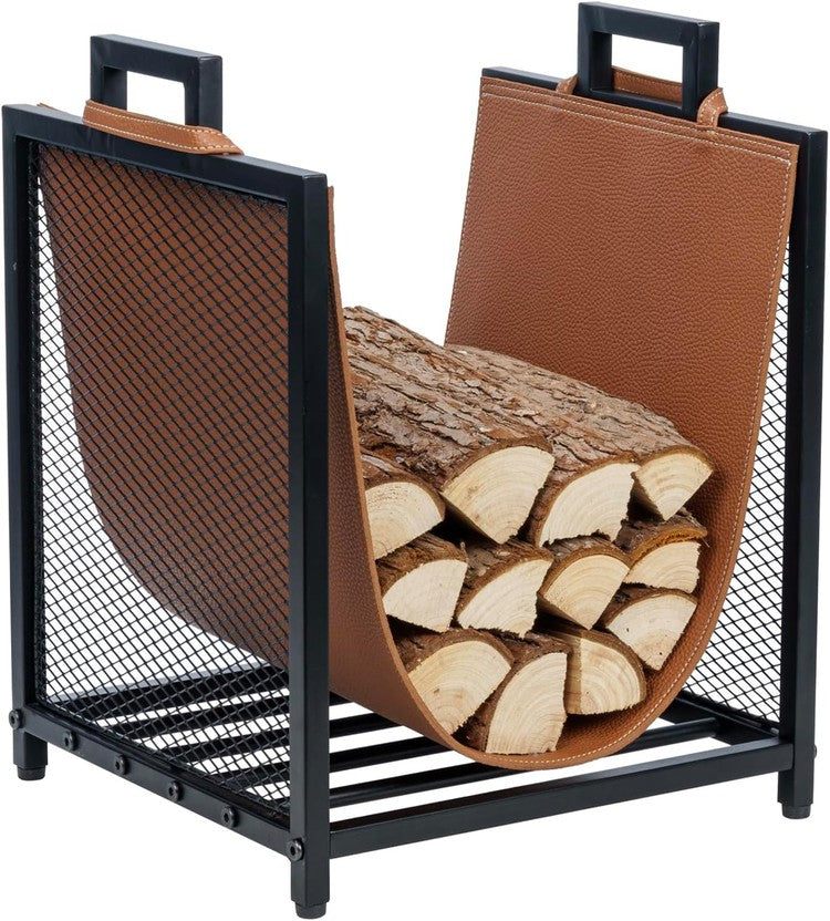 Black Metal Firewood Stand Log Holder with Brown Leatherette Sling and Handles, Compact Kindling Storage Rack-MyGift