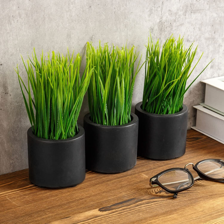 Set of 3, Mini Faux Grass Potted Plants, Decorative Artificial Wheatgrass in Cylindrical Round Black Concrete Planters-MyGift