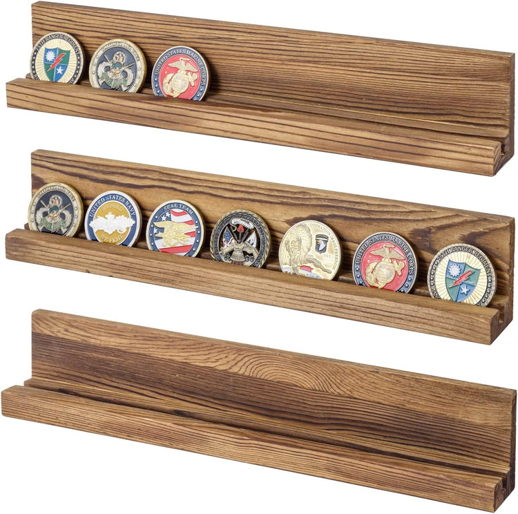 Set of 3, Wall Mounted Dark Burnt Wood, Coin Holder and Casino Chip Display Shelf, One Row Military Coin Showcase Rack-MyGift