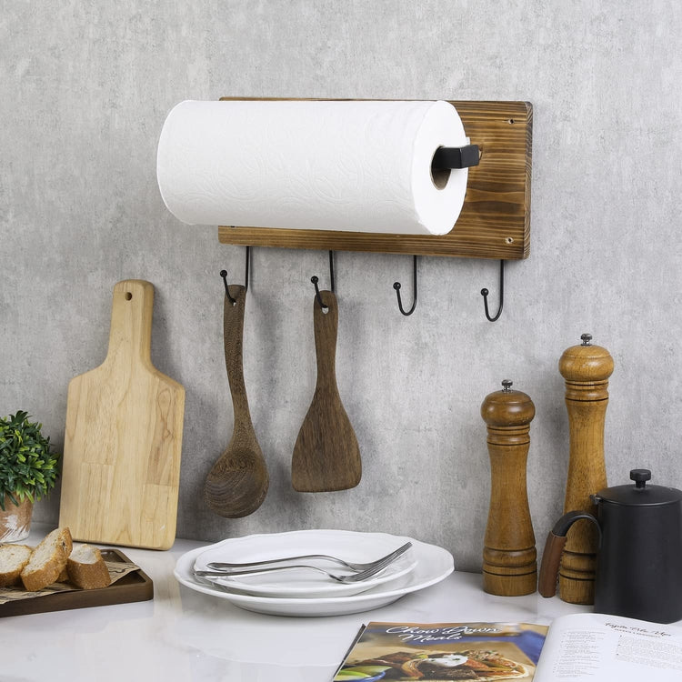 Burnt Wood and Black Metal Paper Towel Holder Wall Mount Towel Rack with  Kitchen Utensil Hanger Hooks