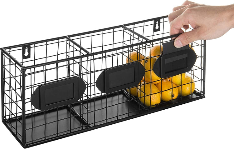Black Metal Wall Mounted 3 Compartment Storage Basket, Flatware Organizer with Chalkboard Labels-MyGift