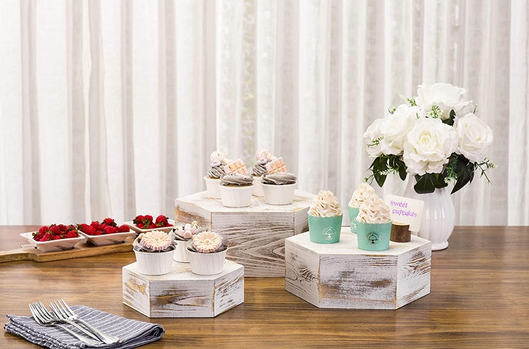 Set of 3, Whitewashed Wood Hexagonal Display Riser Stands for Desserts and Merchandise-MyGift