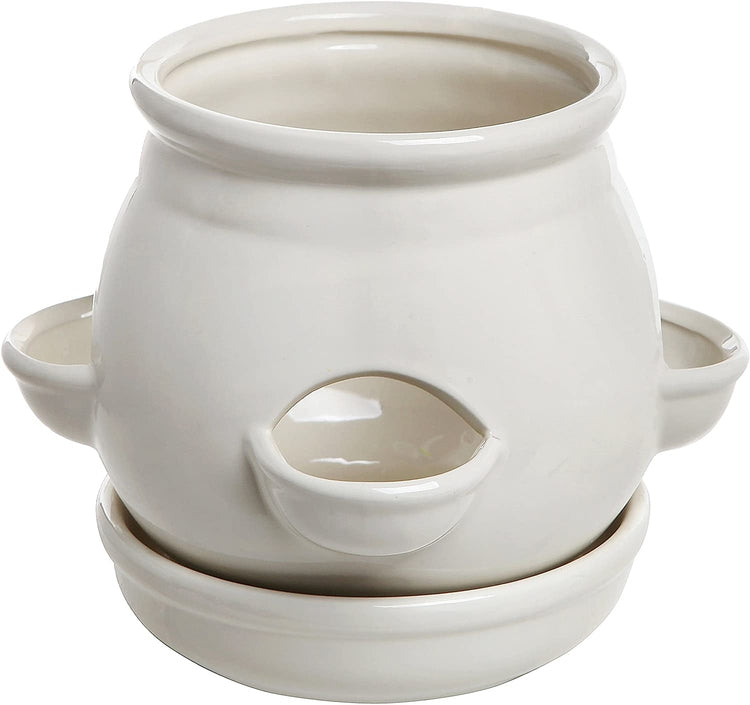 Decorative 4 Side Openings White Ceramic Planter Pot with Saucer-MyGift