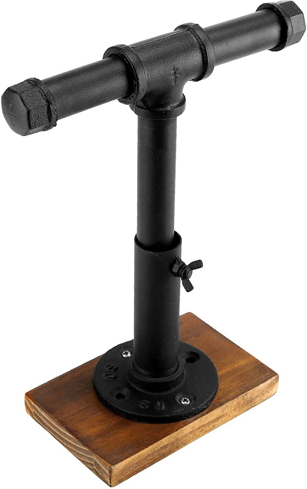 Industrial Black Metal Pipe T-Bar Jewelry Display Stand, Adjustable Height Rack with Brown Wood Base-MyGift