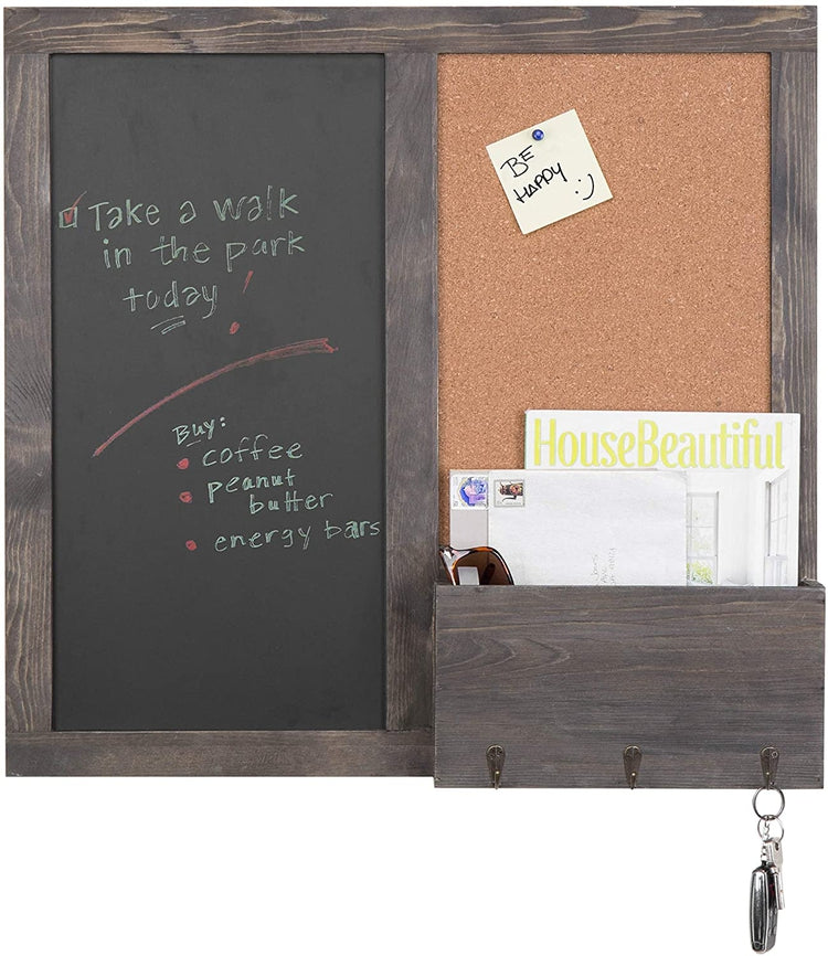 Wall Mounted Vintage Grey Wood Chalkboard and Cork Board Entryway Organizer-MyGift