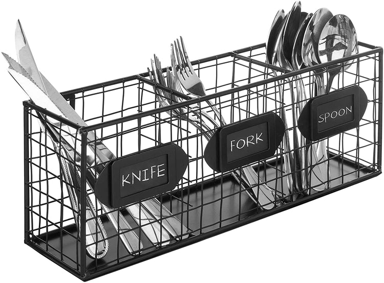 Black Metal Wall Mounted 3 Compartment Storage Basket, Flatware Organizer with Chalkboard Labels-MyGift