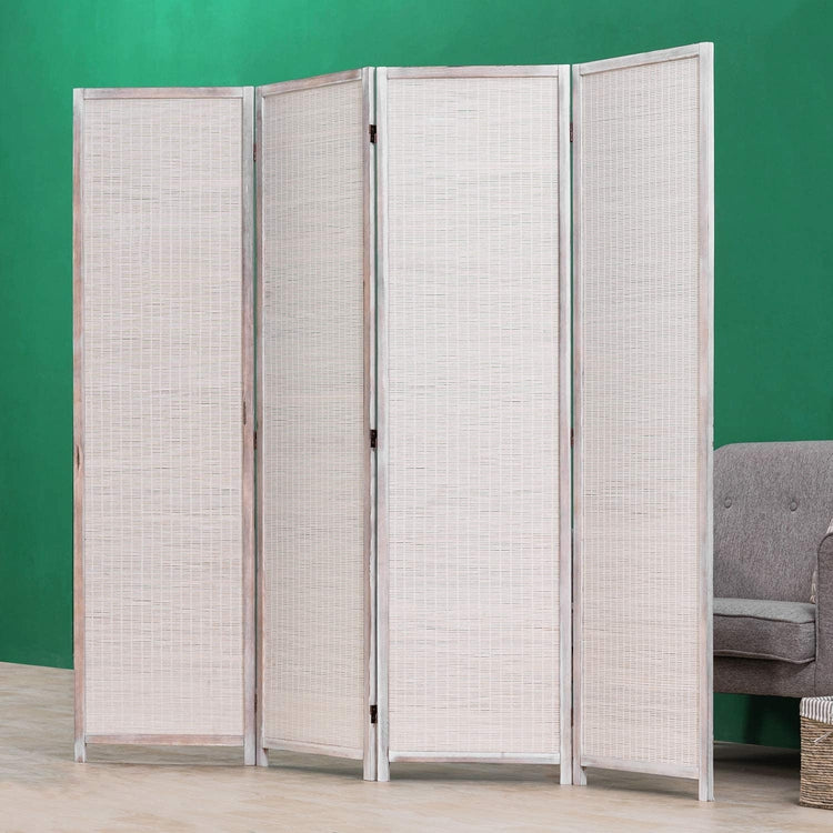 White 4-Panel Room Divider Freestanding Decorative Vintage Woven Bamboo Room Divider-MyGift