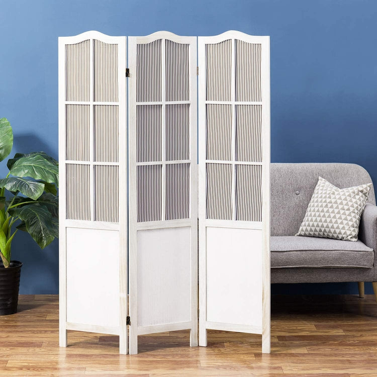 3-Panel Whitewashed Wood Parisian Style Room Divider with Vertical Striped Fabric Screens-MyGift